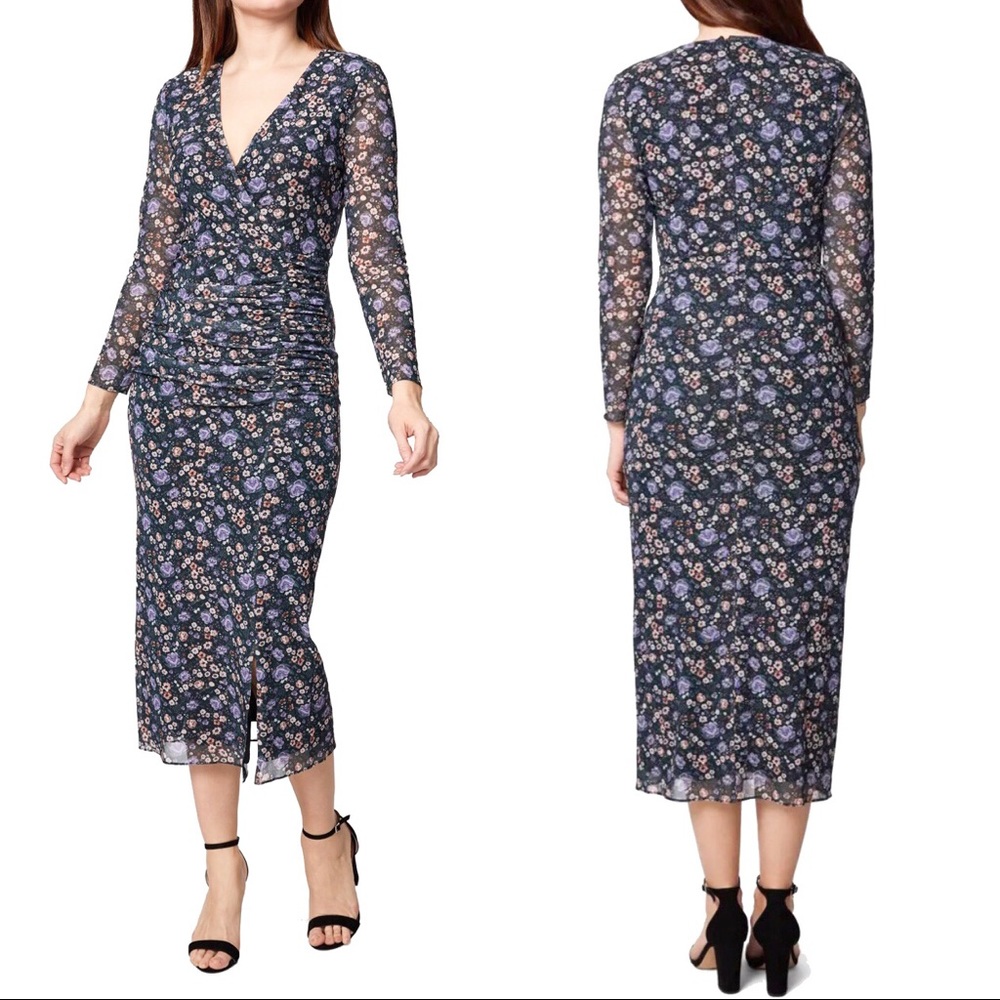 Sage Collection Black Floral Long Sleeve Mesh Midi Dress